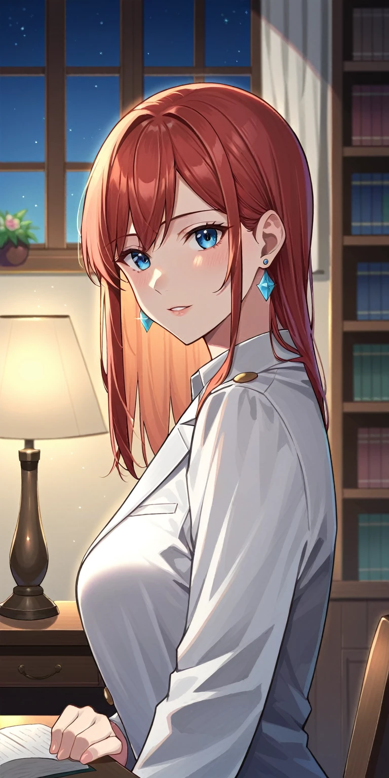best quality, (masterpiece:1.2), Illustration, most absurd, (1 girl, alone), (beautiful detailed girl), ((upper body, portrait)),, Hals MacMillan, shorth hair, Red hair, blue eyes, medium breasts, blue crystal earrings, White jacket, , Cool, quiet, Viewers look at,, in the elegant bedroom, natta, windows, Curtain, Starry sky, lamp, bookshelf, nattastand, vase, desk,
