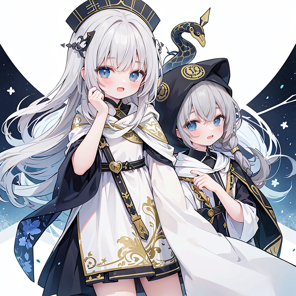 (masterpiece、最high quality、high quality)、15-year-old boy、With white hood、Long-haired、Gray Hair、Stand on white background、snake motif、Laughed、Veld's Eye、Researcher、Character Design、belt、Modern、cyber punk、neutral、Shorts、Surface with seams
