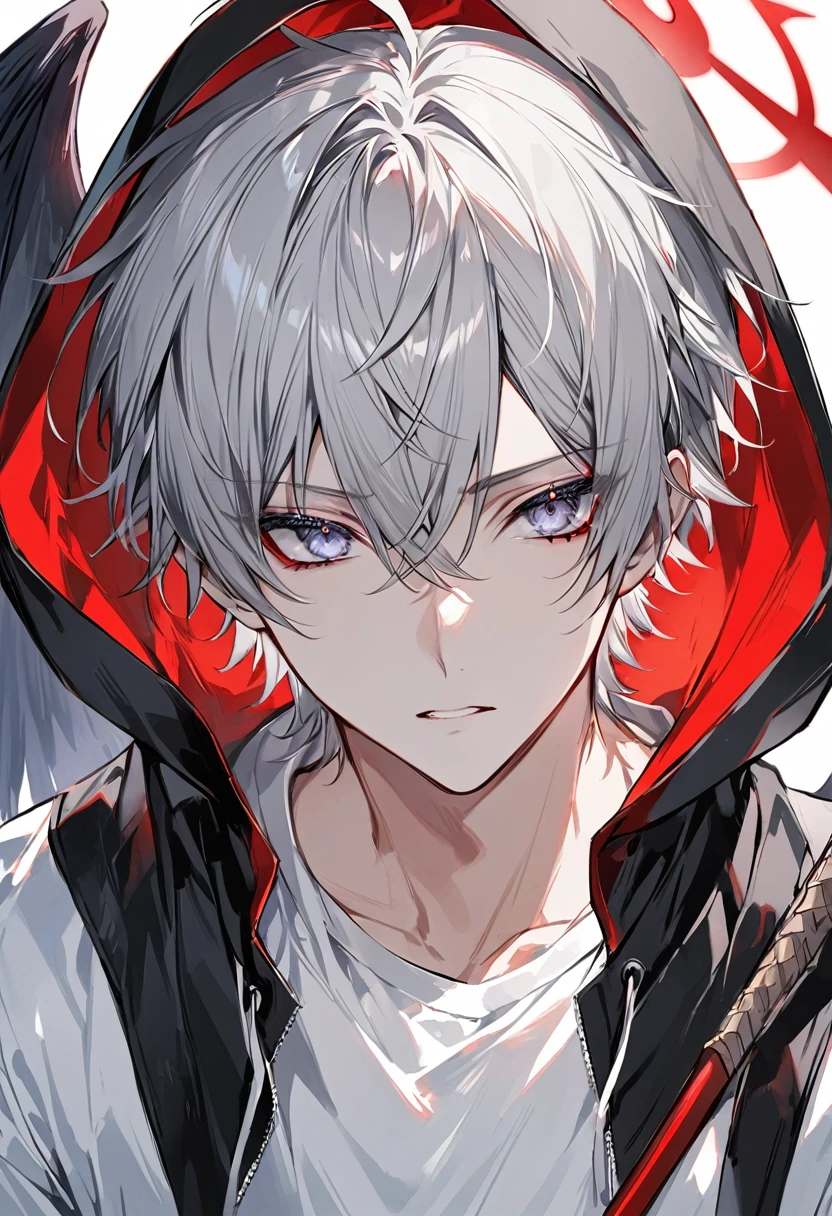 alone, good looking, 1 male, short hair, Black and gray hair, Pale eyes, White shirt, White Thailand, Black hood, Black wings, red halo, Red scythe