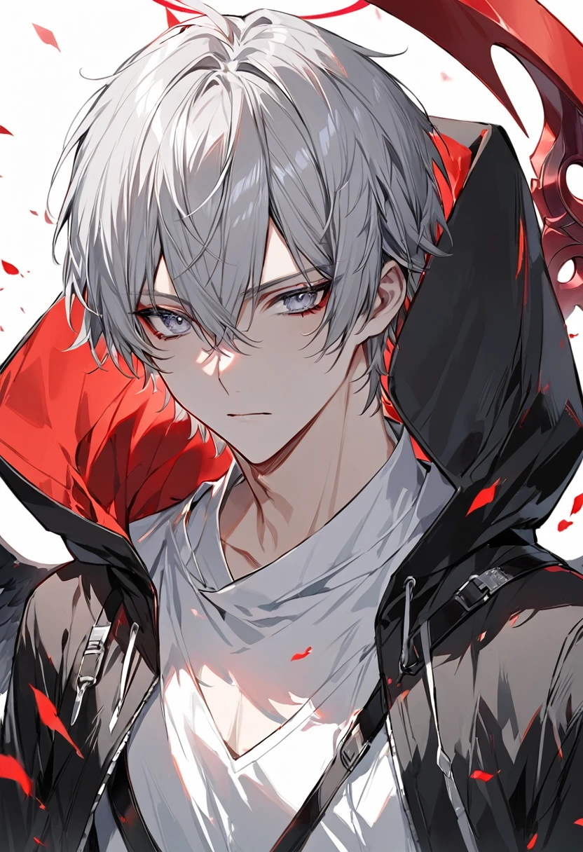 alone, good looking, 1 male, short hair, Black and gray hair, Pale eyes, White shirt, White Thailand, Black hood, Black wings, red halo, Red scythe