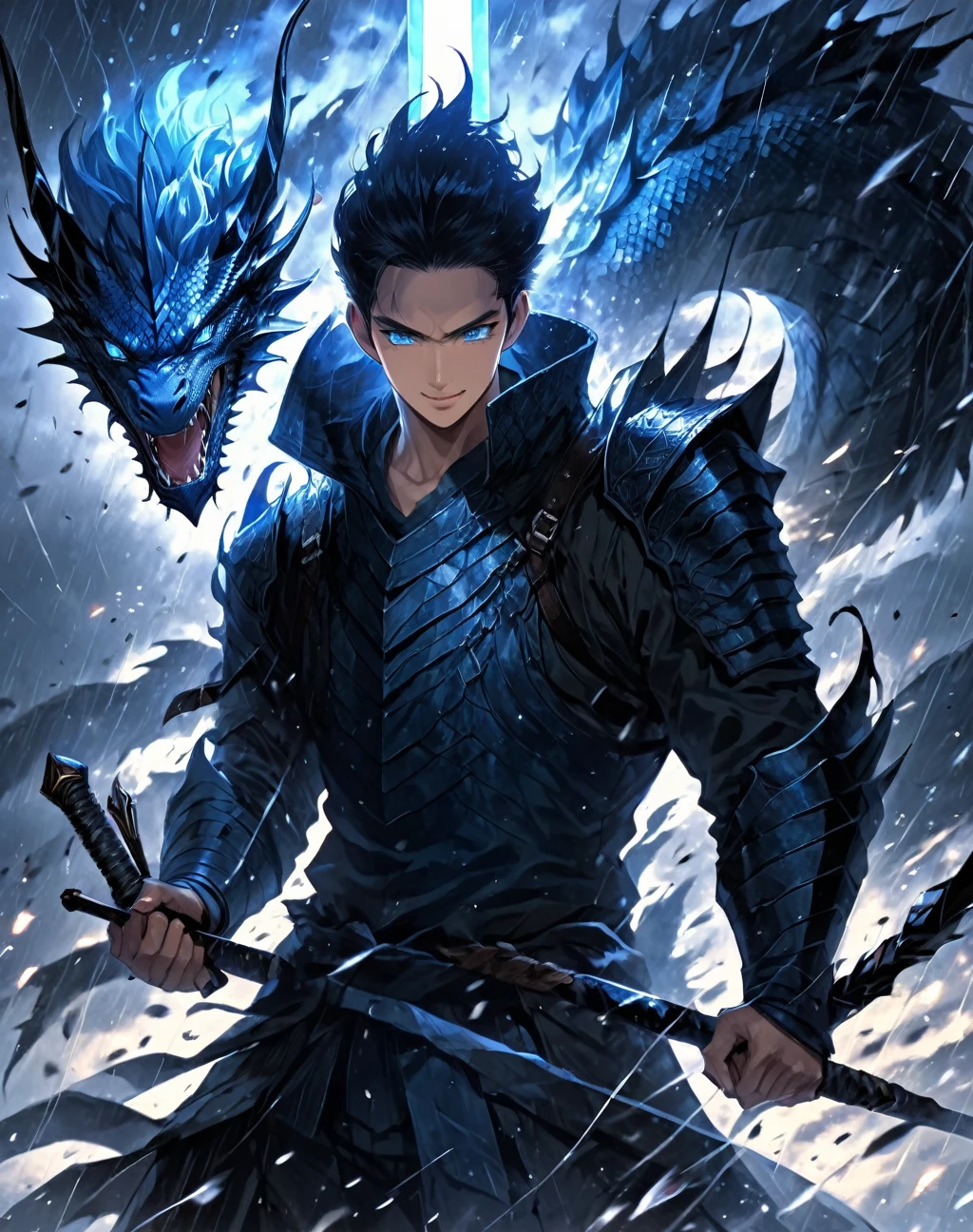 dark aura,  Dynamic angle, 8K, HD, illustration, official artwork, anime style, Wallpaper, official art, dragon holding a spear,best quality , High quality , The best details ,Masterpiece, High qualityสุด, Heavy rain, battlefield, realistic, 1 person, mature man,solemn face, A quiet and charming young man, 30 years old, Portrait, Highly detailed face, 寒さと smile, ((blue eyes)), ((short hairสีดำ)), [Thick eyebrows],,1 man,alone,dark black hair,short hair,short hairสีดำ