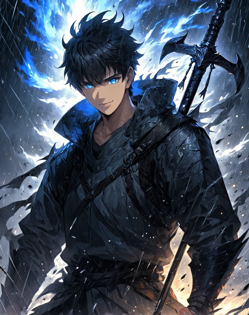 dark aura,  Dynamic angle, 8K, HD, illustration, official artwork, anime style, Wallpaper, official art, dragon holding a spear,best quality , High quality , The best details ,Masterpiece, High qualityสุด, Heavy rain, battlefield, realistic, 1 person, mature man,solemn face, A quiet and charming young man, 30 years old, Portrait, Highly detailed face, 寒さと smile, ((blue eyes)), ((short hairสีดำ)), [Thick eyebrows],,1 man,alone,dark black hair,short hair,short hairสีดำ