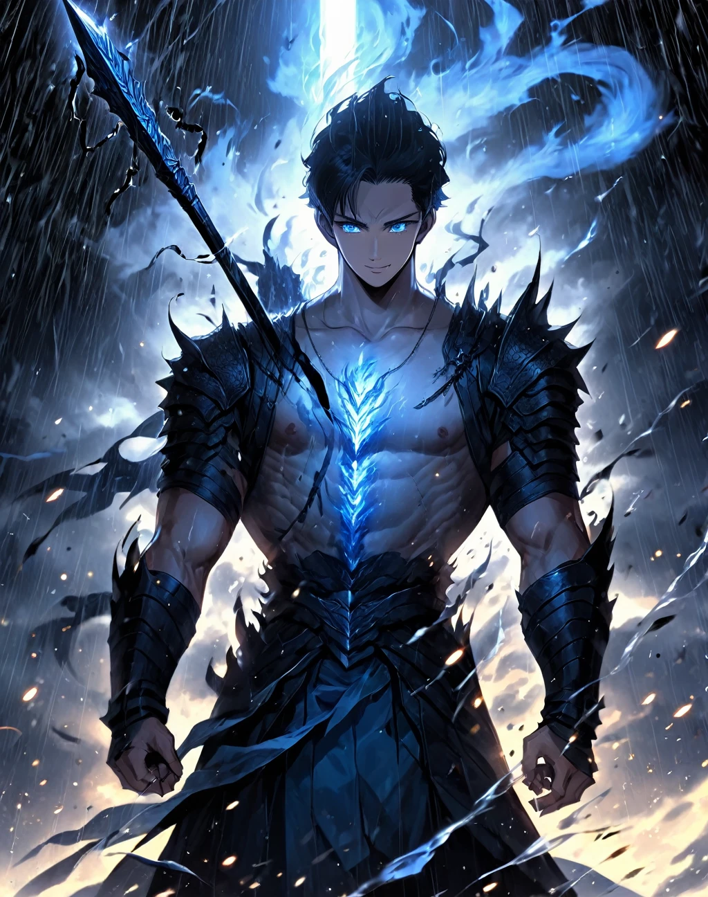 Fine, (Best Illustration), 8k Resolution, Intricate Details, Best Quality, Realistic, Ultra Detailed, Best Lighting, Best Shadows, Ultra HD, ((((Handsome Young Man))), ((teenage :1.5)), (glowing red eyes), ((((short black hair: 1.1))), ((black clothes)), (Prince\\(indifferent expression\\),,, (((wearing high detail Luxurious black robe))), black hair, starry night sky, falling meteors, elf ears, ((dark blue skin)), dark elf, chest muscles