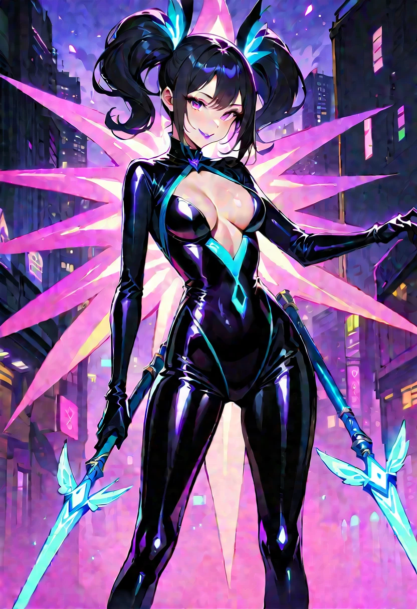 One young and beautiful woman,(Highest quality,Extremely detailed depiction,Incredibly absurd high resolution,Anatomically accurate depiction,Perfect body,Two curvaceous legs),(Glowing Skin,Shiny skin),(The evil magical girl),(A magical girl costume based on black,Shiny latex,Magic Stick,black tights),eyelash,(Brightly glowing purple eyes,Eyes of Madness,There is cleavage in the chest,A seductive smile,Glossy lipstick),Sweat,(whole body),background:City of night,Purple light,