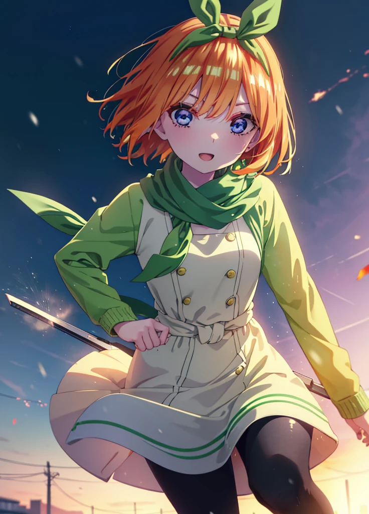 Yotsubanakano, Yotsuba Nakano, bangs, short hair, blue eyes, Hair between the eyes, hair ribbon, hair band, Orange Hair, (Green ribbon:1.5), smile,Green long coat,sweater,White scarf,Long skirt,Black pantyhose,short boots,It's snowing,Snow is piled up,Walking,whole bodyがイラストに入るように,
break ourdoors, Snow Country,In town,
break looking at viewer, whole body,
break (masterpiece:1.2), Highest quality, High resolution, unity 8k wallpaper, (figure:0.8), (Beautiful attention to detail:1.6), Highly detailed face, Perfect lighting, Highly detailed CG, (Perfect hands, Perfect Anatomy),