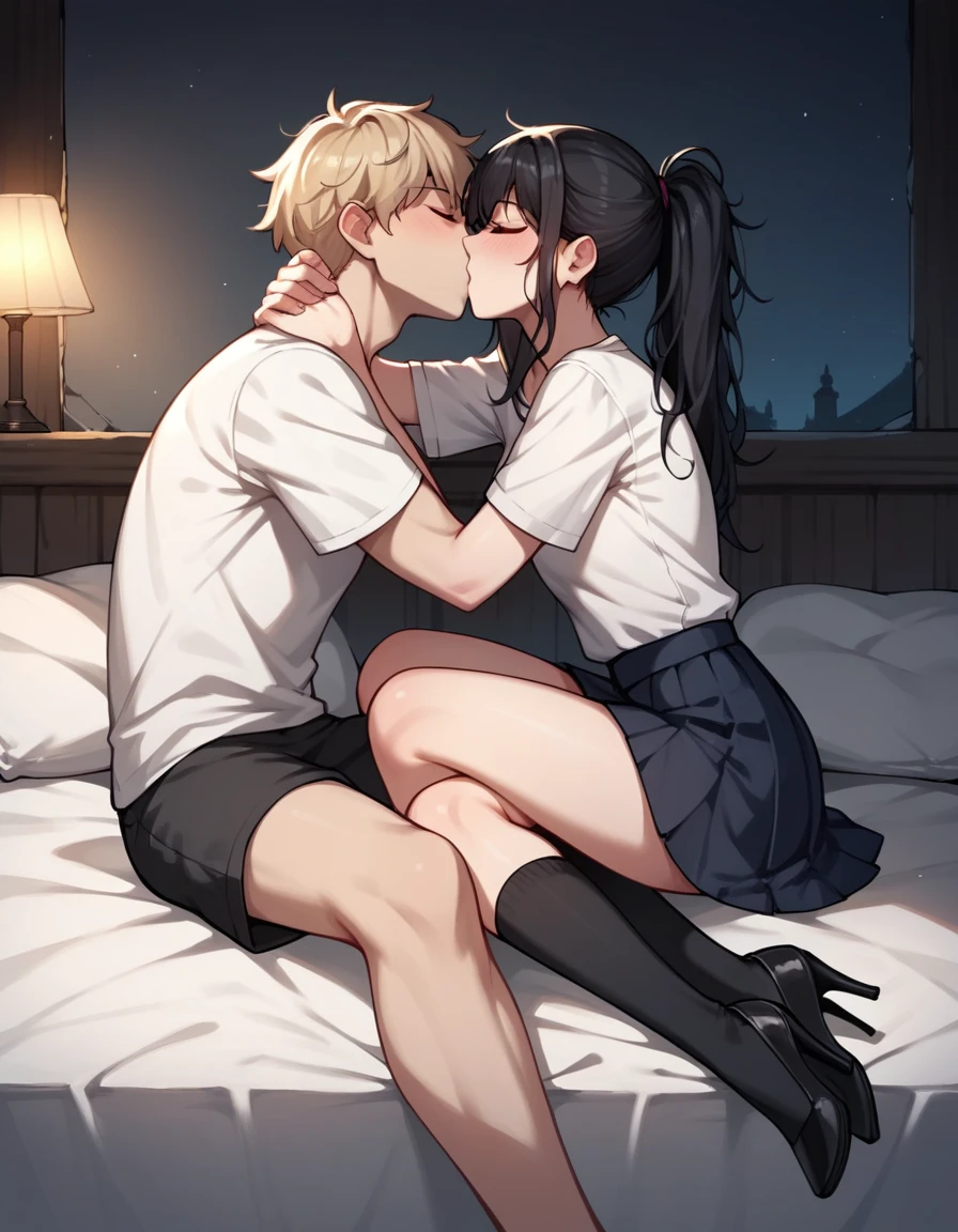 score_9, score_8_up, score_7_up, score_6_up, score_5_up, score_4_up, source_anime, 1girl, bed, black hair, long hair, close eyes, free arms, messy hair, white shirt, skirt, black high heels, night, dungeon, best quality, best res, 4K UHD,
1guy, blond hair, ponytail, shirt, shorts, socks, kissing girl, 
 