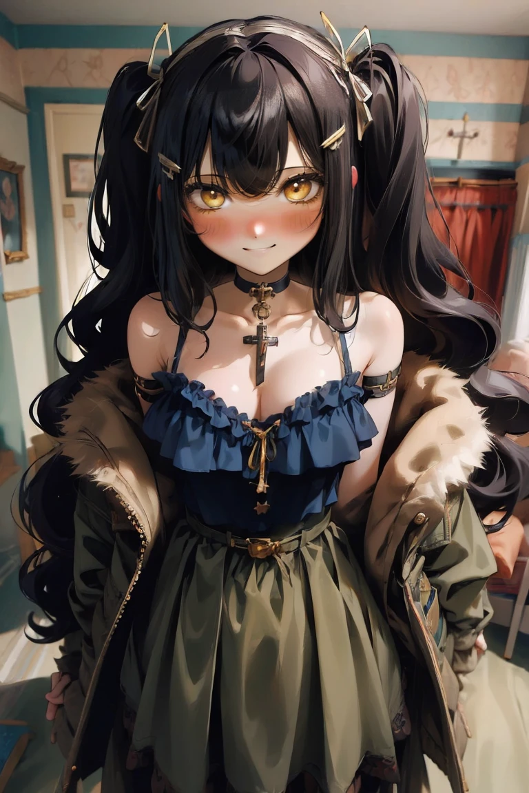 (masterpiece:1.2), (high quality:1.2), girls with((1girl, solo, black hair, yellow eyes, (wavy long hair, one side up, hairclips:1.3), blush, breasts, choker, cleavage, coat, cowboy shot, blue lace dress, camisole, ribbon waist belt, black ribbon belt, red bow, red ribbon, neck ribbon, collar, collarbone, rosary, rosary choker, cross, fur, fur trim, parka, khaki hoodie, green hoodie, khaki jacket, hood down, hooded coat, hooded jacket, hoodie, jacket, large breasts, long sleeves, medium breasts, open clothes, open coat,open hoodie, sleeveless, winter clothes, zipper, cleavage, upper body, hand up, waving, palm)), background with((bedroom, room:2.0))