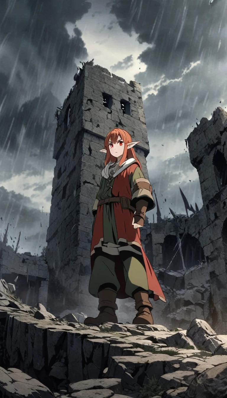 young elf, elf guy, dressed as a medieval tramp, adventurer's equipment, dark colors of clothing, against the background of the ruins of a watchtower, long white shoulder-length hair, hairstyle curtains, red stern eyes, heavy look, Gloomy atmosphere of the picture, anime style, full-length  , looks at the screen from under his brows, 18 years old, ruins of a tower against the backdrop of a rocky coast, storm in the background,