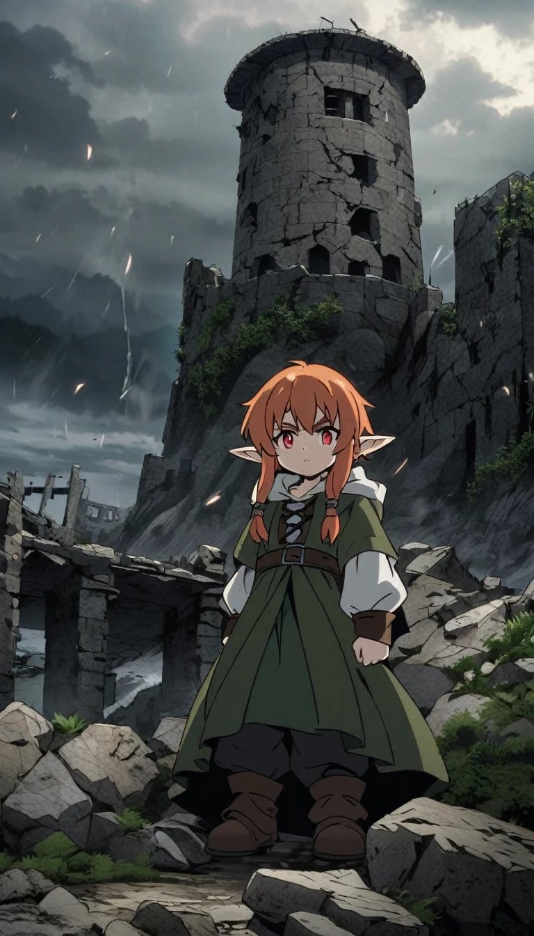 young elf, elf guy, dressed as a medieval tramp, adventurer's equipment, dark colors of clothing, against the background of the ruins of a watchtower, long white shoulder-length hair, hairstyle curtains, red stern eyes, heavy look, Gloomy atmosphere of the picture, anime style, full-length , looks at the screen from under his brows, 18 years old, ruins of a tower against the backdrop of a rocky coast, storm in the background,