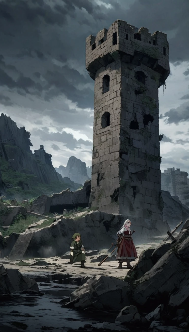 young elf, elf guy, dressed as a medieval tramp, adventurer's equipment, dark colors of clothing, against the background of the ruins of a watchtower, long white shoulder-length hair, hairstyle curtains, red stern eyes, heavy look, Gloomy atmosphere of the picture, anime style, full-length  , looks at the screen from under his brows, 18 years old, ruins of a tower against the backdrop of a rocky coast, storm in the background,