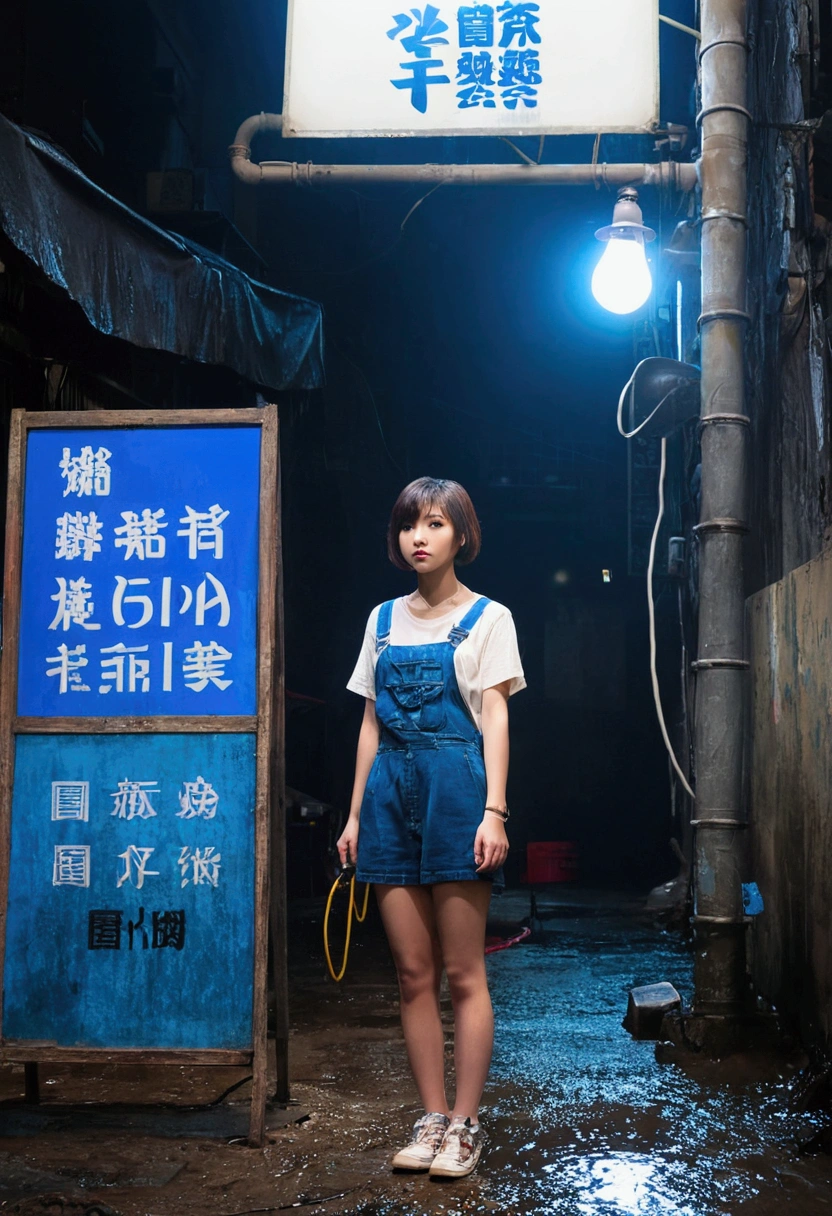 Kowloon City、Backstreets、Wet ground、pipe、duct、electric wire、signboard、plein air, Tag, Simple Background, 青いnull, short hair, One Girl、Beautiful girl、22 years old、null, Looking at the audience, stage, Moody lighting,