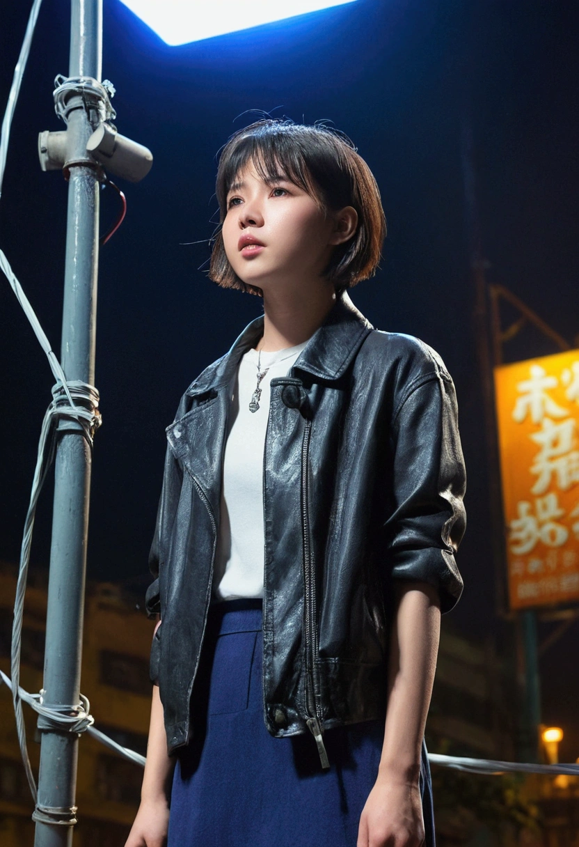 Kowloon City、Backstreets、Wet ground、pipe、duct、electric wire、signboard、plein air, Tag, Simple Background, 青いnull, short hair, One Girl、Beautiful girl、22 years old、null, Looking at the audience, stage, Moody lighting,