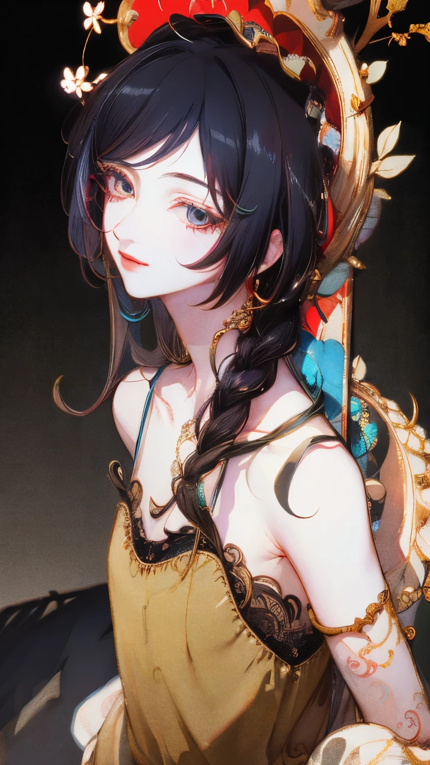 masterpiece: 1.7、Highest quality、(High-definition CG、Ultra-detailed、Best Shadow:1.5)、Picturesque、sketch、Paper Textures、Ultra-high resolution、solo、Beauty、Long black hair、Red eyes、dress、Upper body、Light Smile、Extremely thin face、Flat Color、High-definition、Extremely thin face、Realistic、Limited edition palette、Low Contrast、Best Writing、Blanche:1.5、(ゼンTangle、Mandala、Tangle、エンTangle:0.8)