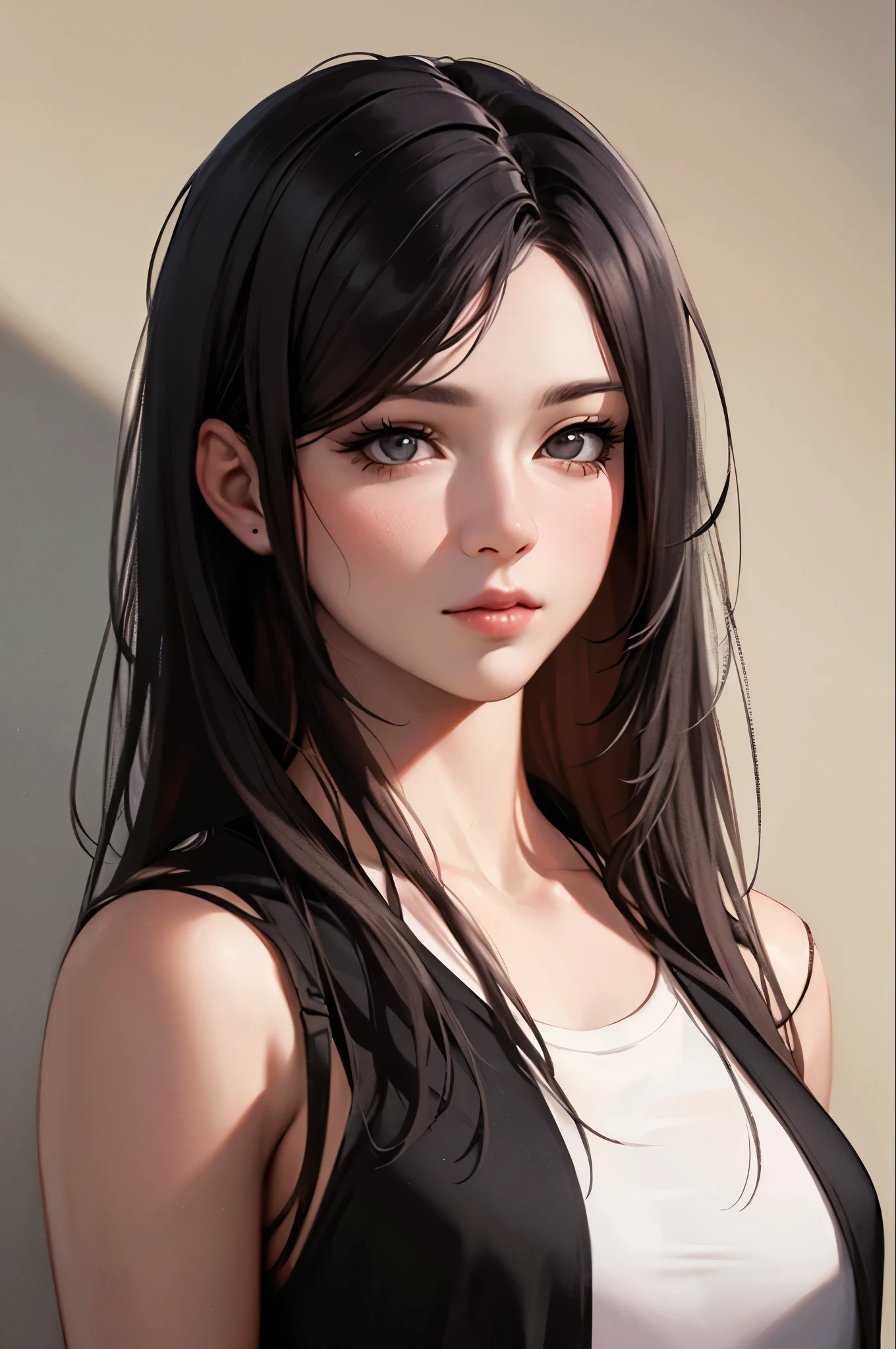 Portrait of a woman with long hair and a black shirt, Digital illustration portrait,Realism art style, High-quality portraits, 🤤 Portrait of a Girl, Realistic art style, #The best digital paintings ever, Shiny digital painting