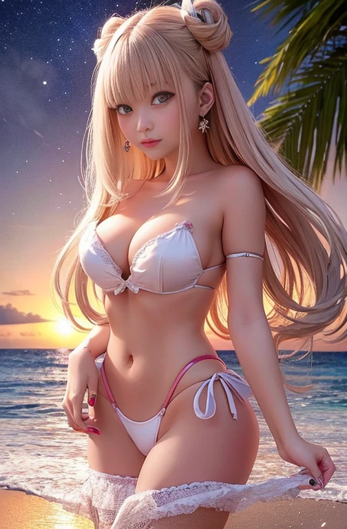 ( One Girl, Improve, alone)),((( Perfect Anatomy,Anatomically correct))), ((Multicolored Hair)), Platinum Blonde,Long Hair, low-tied Long Hair, Floating Hair, debtんわりとした髪,(( Clarity Metallic Strapless Bandeau Bra, Clarity Metallic Bandeau Bikini)),(( Clarity Metallic Pink Competition,very complex texture)), (Red eyes玉), Big eyes, Red eyes, compensate, Earrings, jewelry, Laughter, Sexy pose, Sexy look, Surrealism, Surrealism, modern art, realism, image debtill, silhouette, Chiaroscuro, First Person View Chest, debt/1.8, Tabletop, 8K, Deserted tropical beach, Highest quality,Highest Resolution , number々Awards for, Attention to detail,( Ocean, Starry Sky, Twilight Sky,Beautiful and enchanting sunset on the beach, pale pink lighting, Gentle waves crash on the shore,Red rose wave, White sand beach, Swaying palm trees, Dynamic and breathtaking scenes, Immerse yourself in a calm atmosphere,expand the body of water), sunrise , Nice views