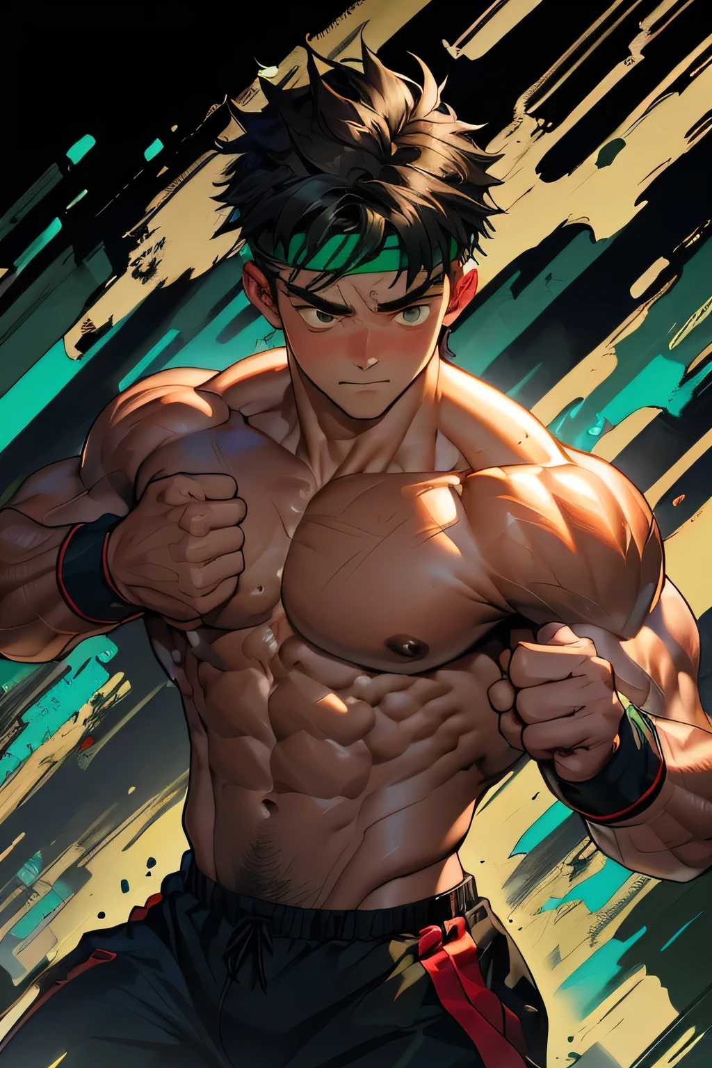 (Masterpiece, Best quality, 8k, ultra-detailed, 19 year old boy, worm eyes, black background), Young, boy, muscler, Shirtless, ((((solo, steam, intense battle scene, heroic figure, surrounded by swirling green aura)))), (Dark Short straight hair, ((almost completely shaved hair)), under cut, brown eyes), (red headband, ((black wristband))), Vivid colors, ((hot Abs:1.2, abs!, big abs, big :1.2, chest!, muscler upper arms)), muscler!, muscler body, martial arts stance, detailed face, detailed muscle, (((random fighting pose, powerful, action, rippling muscles, turquoise aura around body, concentrate, deep night, man of steel)))