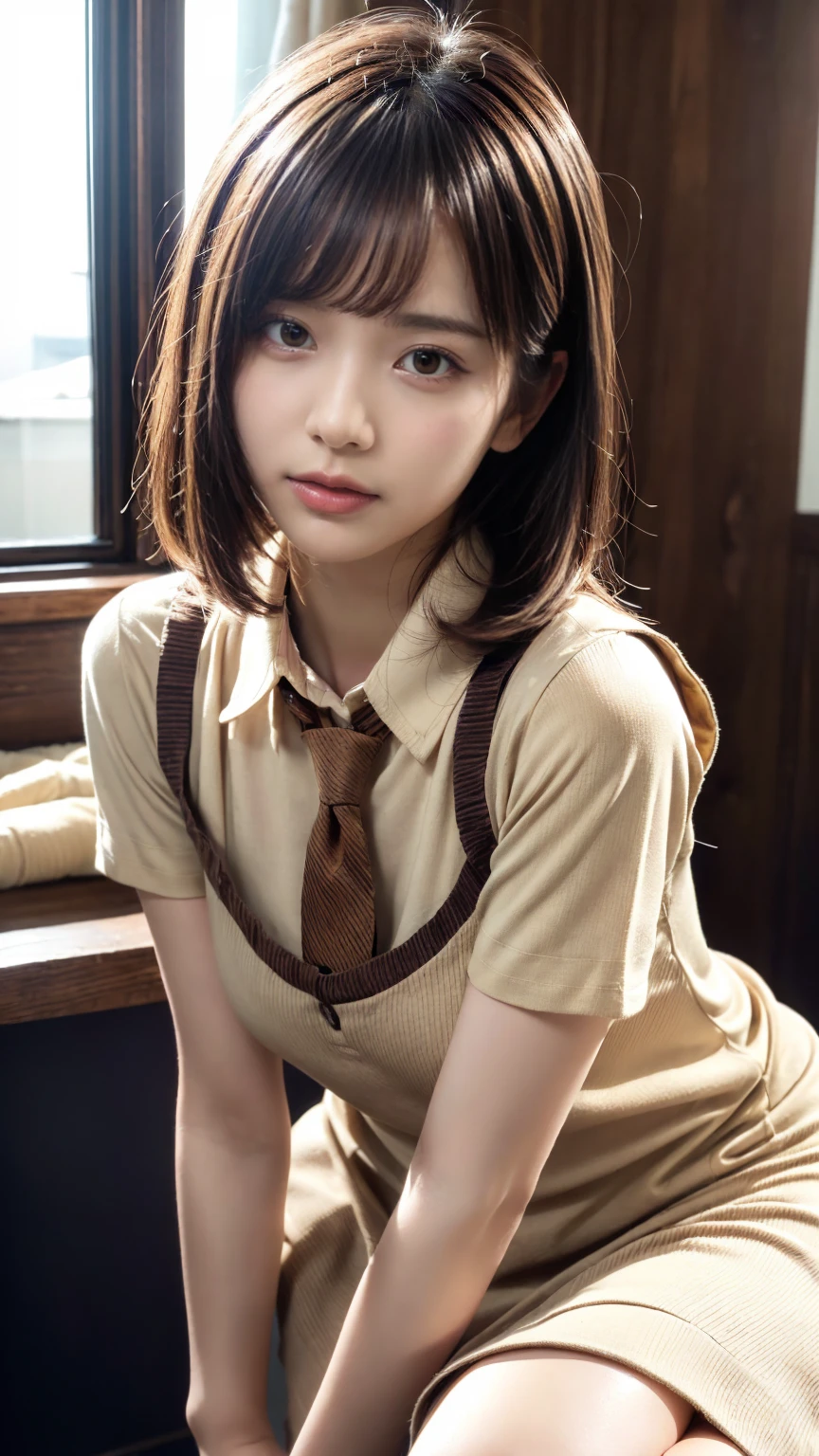 (absurdres:1.3), (highres:1.3), (ultra detailed:1.3),(1girl:1.3), (extremely detailed CG unity 8k wallpaper:1.3), (detailed skin texture, detailed cloth texture, detailed hair texture), (beautiful detailed face, supermodel, pale skin, realistic glistening skin), (RAW photo, best quality), (realistic, photo-realistic:1.4), masterpiece, extremely delicate and beautiful,Amazing, finely detail, extremely detailed CG unity 8k wallpaper, huge filesize, ultra-detailed, highres, absurdres, soft light,rim light, vibrant details, short bob hair, large breasts, black hair color, Big Natural Color Lip, (perfect body shape), beautiful legs, BREAK (beige and brown theme:1.5), (school uniform:1.2), (fit body:1.3), (fusion of collared-shirt and beige and brown vertical stripe pattern sundress:1.5), (beige collar with brown tie:1.4), ((short sleeve, bare arms):1.3), (beige socks:1.2), (loafers:1.1), crying a little、little smile, Harajuku style、20 year old girl、cute type、ta、