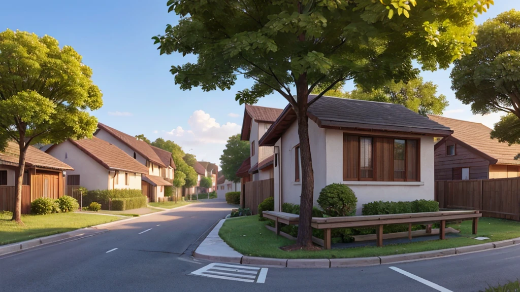 The image shows a deserted street that runs from right to left, located in a peripheral area. On the right, the sidewalk is adorned with sparse trees that provide sporadic shade along the way. among the trees, there is a lonely wooden bench, inviting any passerby to sit and rest. The street is empty, no movement of people or vehicles, creating an atmosphere of tranquility and isolation. The houses in the background are simple, reflecting the typical characteristic of the periphery.