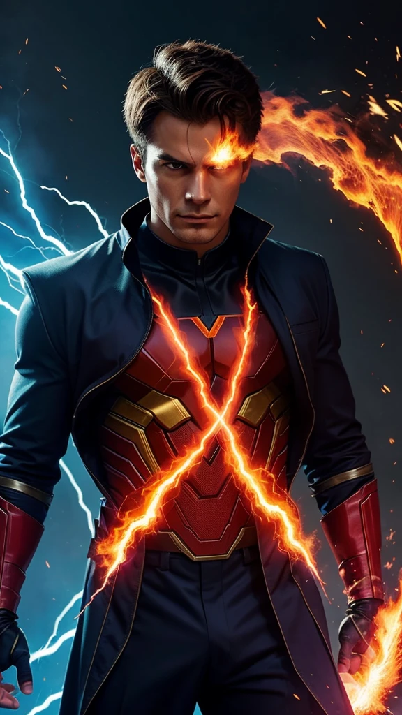 Generate an image of a superhero with the ability to control the elements of fire and plasma, wearing a suit that enhances their fire- and plasma-manipulation abilities. with light color background for t-shirt design