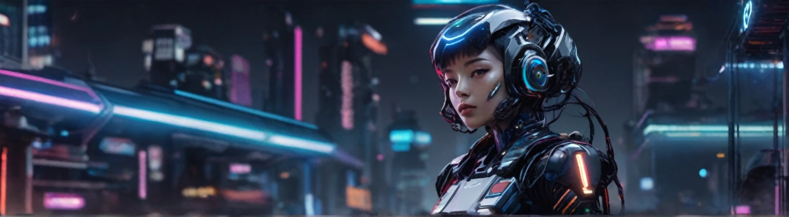 ```
Create a YouTube channel banner with the following specifications:
- Size: 2560 x 1440 pixels, but ensure the main content fits within 1546 x 423 pixels
- Theme: CyberWaveLofi, a channel that produces lo-fi music
- Central text: "CyberWaveLofi" in a futuristic, space-themed font, prominently displayed in the center
- Main visual: A clearly human-like but obviously female AI cyborg with a proportionate neck, an attractive face, and stylish hair
- Background: Futuristic and cool, with a cyberpunk aesthetic
- Include the channel's logo prominently within the 1546 x 423 pixels safe area
- Use colors and elements that convey a near-future, high-tech vibe
```