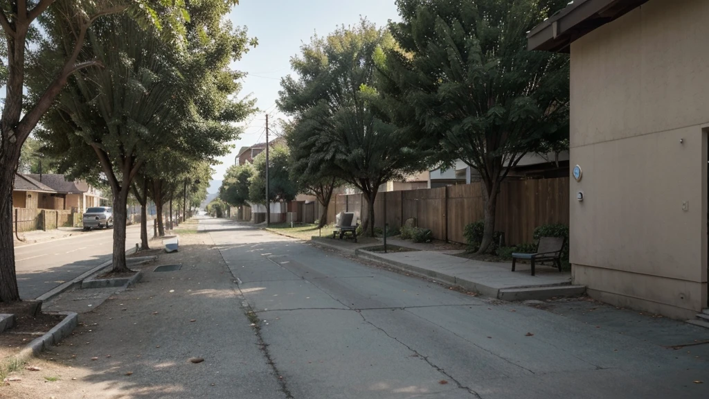 The image shows a deserted street that runs from right to left, located in a peripheral area. On the right, the sidewalk is adorned with sparse trees that provide sporadic shade along the way. among the trees, there is a lonely wooden bench, inviting any passerby to sit and rest. The street is empty, no movement of people or vehicles, creating an atmosphere of tranquility and isolation. The houses in the background are simple, reflecting the typical characteristic of the periphery.