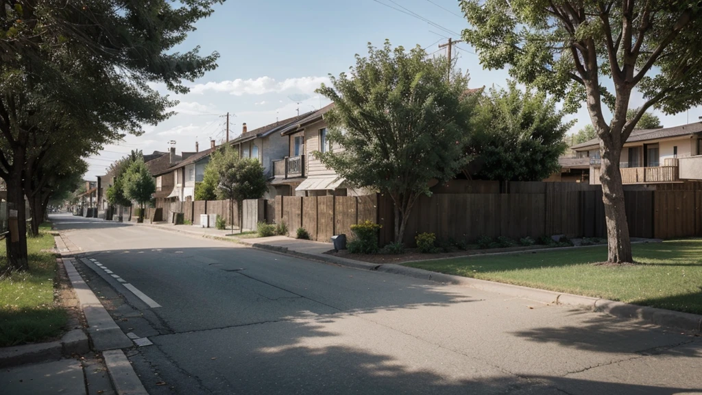 The image shows a deserted street that runs from right to left, located in a peripheral area. On the right, the sidewalk is adorned with sparse trees that provide sporadic shade along the way. among the trees, there is a lonely wooden bench, inviting any passerby to sit and rest. The street is empty, no movement of people or vehicles, creating an atmosphere of tranquility and isolation. The houses in the background are simple, reflecting the typical characteristic of the periphery.