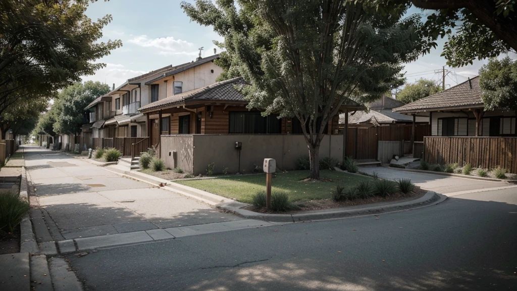 The image shows a deserted street that runs from right to left, located in a peripheral area. On the right, the sidewalk is adorned with sparse trees that provide sporadic shade along the way. among the trees, there is a lonely wooden bench, inviting any passerby to sit and rest. The street is empty, no movement of people or vehicles, creating an atmosphere of tranquility and isolation. The houses in the background are simple, reflecting the typical characteristic of the periphery.