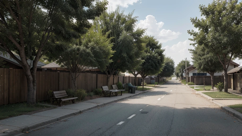 The image shows a deserted street that runs from right to left, located in a peripheral area. On the right, the sidewalk is adorned with sparse trees that provide sporadic shade along the way. among the trees, there is a lonely wooden bench, inviting any passerby to sit and rest. The street is empty, no movement of people or vehicles, creating an atmosphere of tranquility and isolation. The houses in the background are simple, reflecting the typical characteristic of the periphery.