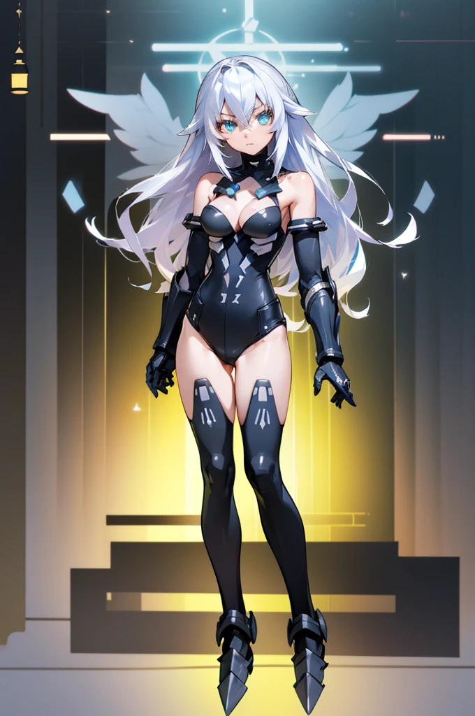 ((detailed), high_quality, master_quality, (realistic), (full_body), standing, 8k, masterpiece, (Black_Heart), white_hair, medium_breasts, sexy, BlackHeartBase, symbol-shaped pupils, black leotard, elbow gloves, black thighhighs, armor, armored dress, blue armor, breastplate, gloves, mask, pauldrons, shoulder armor, high_heels