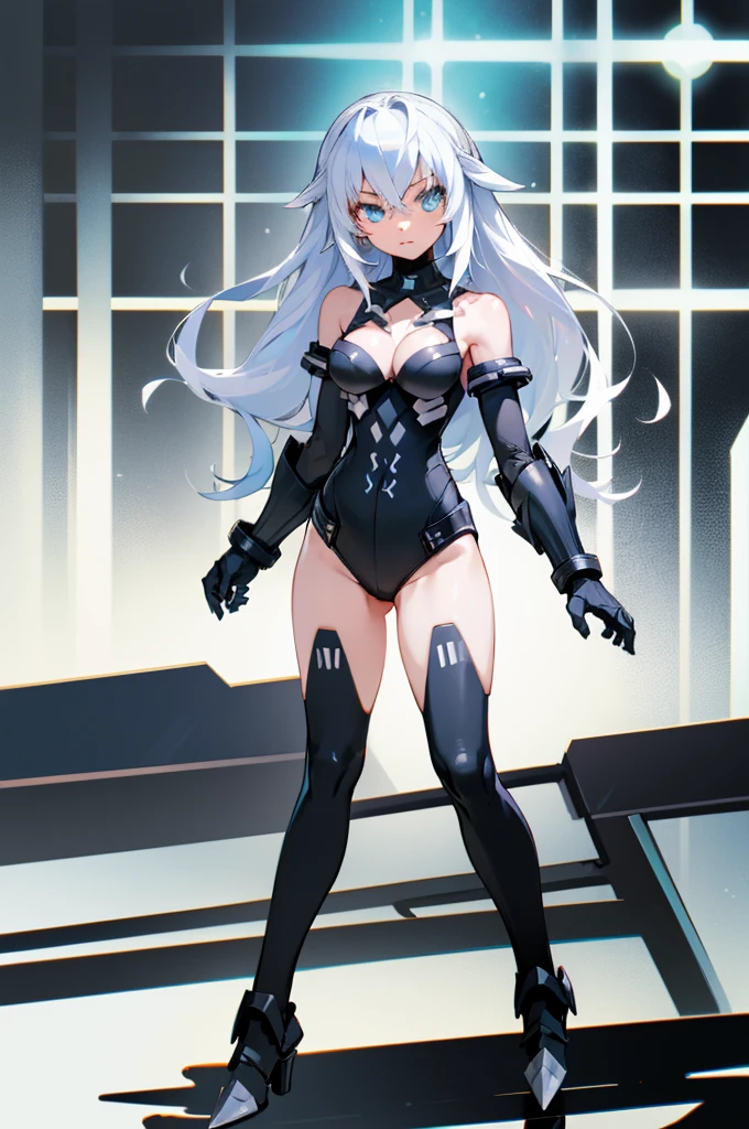 ((detailed), high_quality, master_quality, (realistic), (full_body), standing, 8k, masterpiece, (Black_Heart), white_hair, medium_breasts, sexy, BlackHeartBase, symbol-shaped pupils, black leotard, elbow gloves, black thighhighs, armor, armored dress, blue armor, breastplate, gloves, mask, pauldrons, shoulder armor, high_heels