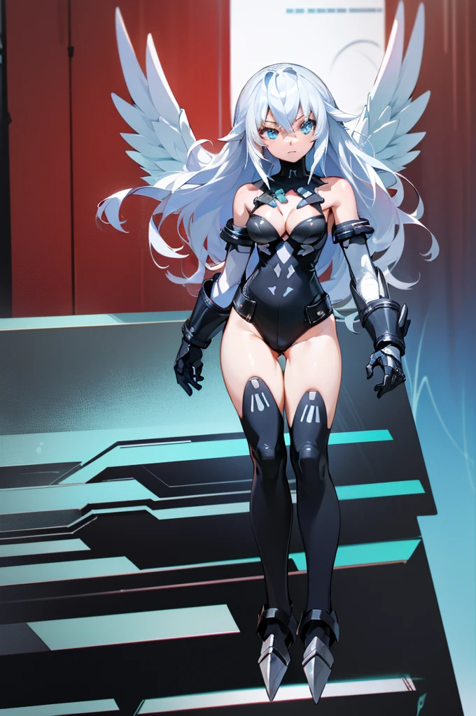 ((detailed), high_quality, master_quality, (realistic), (full_body), standing, 8k, masterpiece, (Black_Heart), white_hair, medium_breasts, sexy, BlackHeartBase, symbol-shaped pupils, black leotard, elbow gloves, black thighhighs, armor, armored dress, blue armor, breastplate, gloves, mask, pauldrons, shoulder armor, high_heels