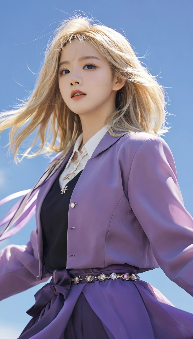 (Dynamic Angle:1.3),Close-up,windy,Highlights,1 Girl,Upper Body,Dance,Looking at the audience, Purple_Evergarden, 独自of, Jewelry, blank Eye,brooch, Blonde_hair,( vevry long hair:1.2),floating hairlong_sleeve, Ribbon, 蓝色of_Eye, jacket, skirt, gem, hair_Ribbon,Sky, depth_of_site, a close view of flying petal,