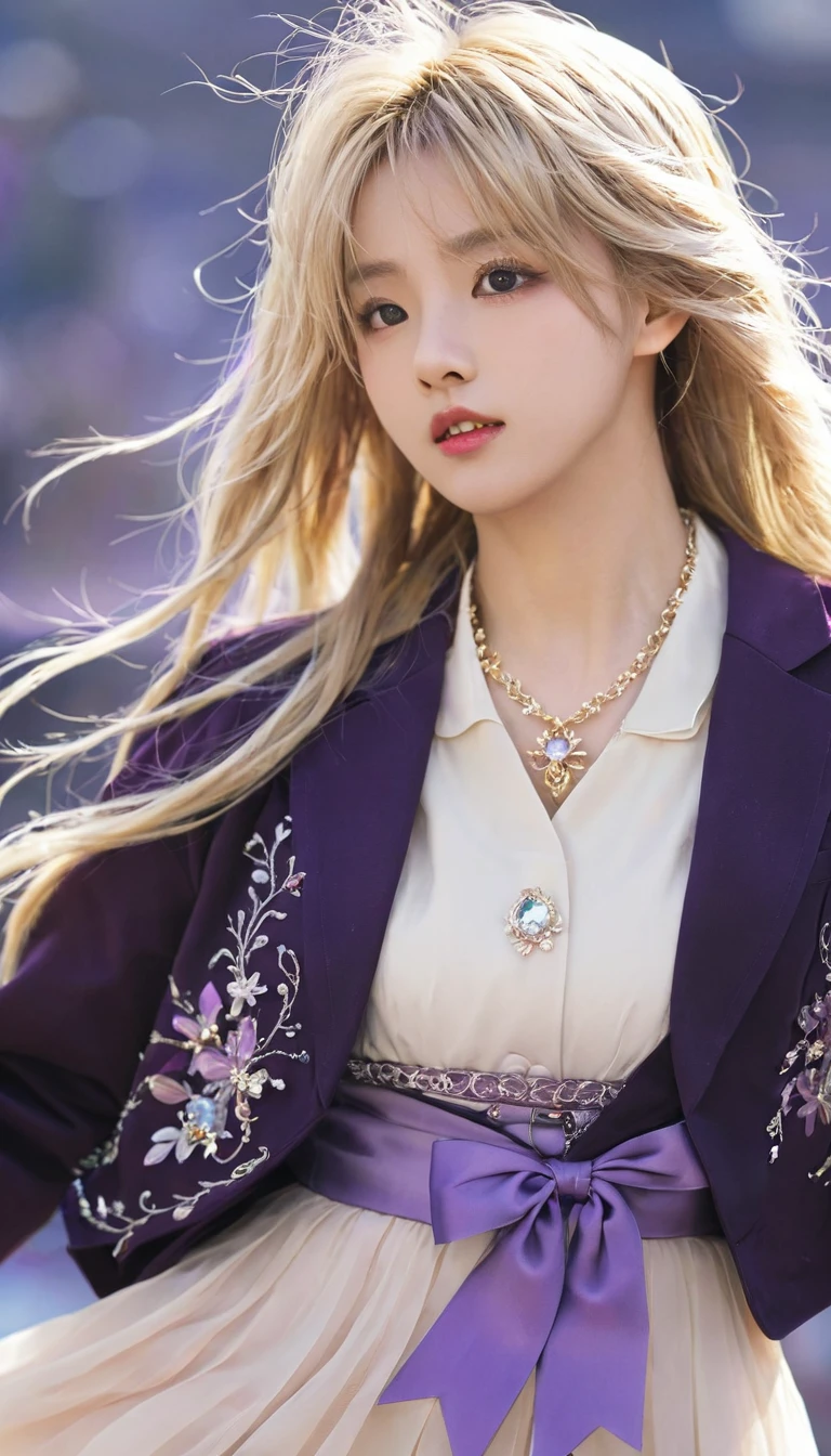 (Dynamic Angle:1.3),Close-up,windy,Highlights,1 Girl,Upper Body,Dance,Looking at the audience, Purple_Evergarden, 独自of, Jewelry, blank Eye,brooch, Blonde_hair,( vevry long hair:1.2),floating hairlong_sleeve, Ribbon, 蓝色of_Eye, jacket, skirt, gem, hair_Ribbon,Sky, depth_of_site, a close view of flying petal,