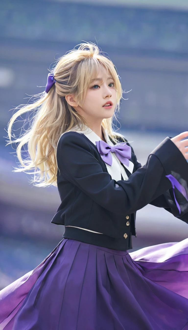 (Dynamic Angle:1.3),Close-up,windy,Highlights,1 Girl,Upper Body,Dance,Looking at the audience, Purple_Evergarden, 独自of, Jewelry, blank Eye,brooch, Blonde_hair,( vevry long hair:1.2),floating hairlong_sleeve, Ribbon, 蓝色of_Eye, jacket, skirt, gem, hair_Ribbon,Sky, depth_of_site, a close view of flying petal,