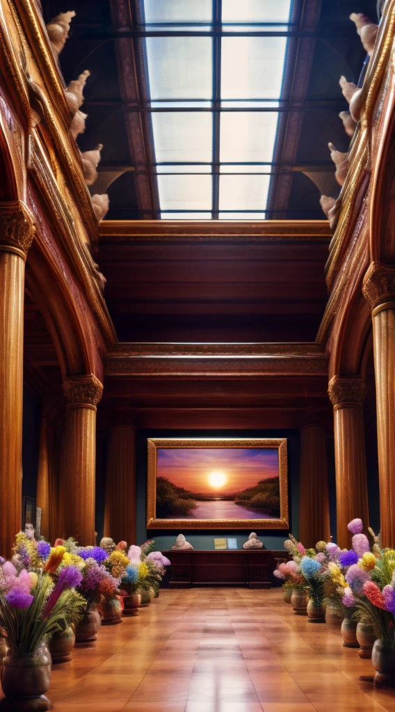 The museum, a large, large hall with benches for viewing paintings, there are no people, but there are many framed photos. The events from the painting can also be seen on the floor of the museum hall, the girl in the photo of the sunset picks flowers in a field of blooming flowers and throws them into the museum hall ACTION SE DELAYS IN THE PICTURE AND IN THE HALL OF THE MUSEUM, THE PHOTOS ARE "LIVE", THE GIRL from the photo picks flowers at dusk and throws them on the floor of the museum hall. 
Rich skin texture, ID photo, front view, chest up, medium shot, clean background, 8k, rich detail, real, high definition, extremely high quality, detailed detail, excellent detail, street background, detailed photo, high definition, detailed skin, detailed eyes, 8k UHD, high qualityq