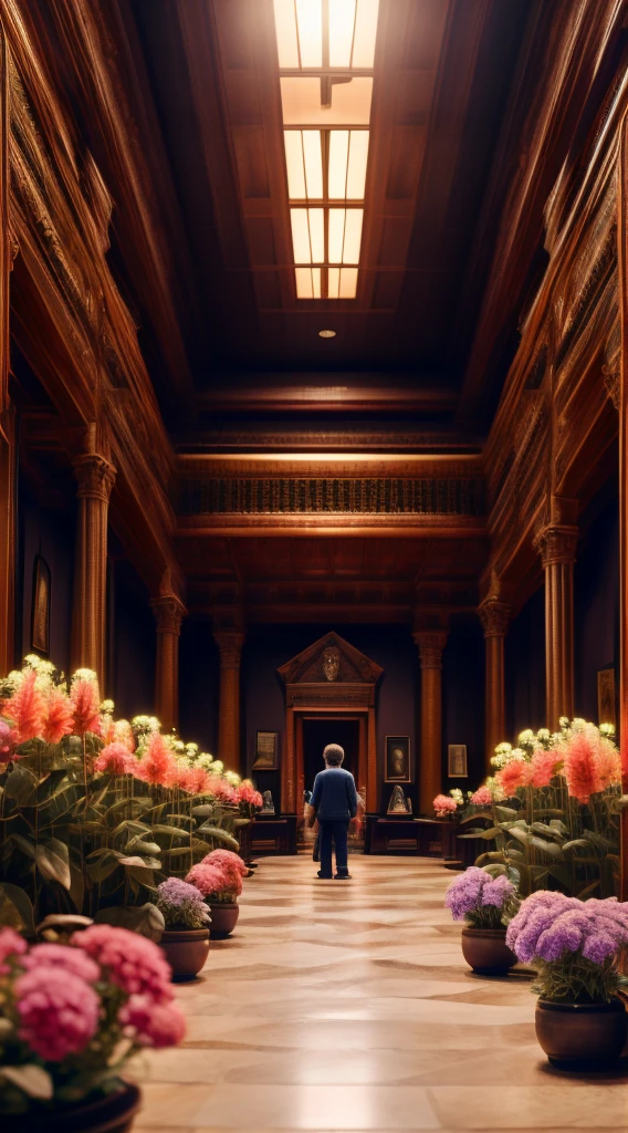 The museum, a large, large hall with benches for viewing paintings, there are no people, but there are many framed photos. The events from the painting can also be seen on the floor of the museum hall, the girl in the photo of the sunset picks flowers in a field of blooming flowers and throws them into the museum hall ACTION SE DELAYS IN THE PICTURE AND IN THE HALL OF THE MUSEUM, THE PHOTOS ARE "LIVE", THE GIRL from the photo picks flowers at dusk and throws them on the floor of the museum hall. 
Rich skin texture, ID photo, front view, chest up, medium shot, clean background, 8k, rich detail, real, high definition, extremely high quality, detailed detail, excellent detail, street background, detailed photo, high definition, detailed skin, detailed eyes, 8k UHD, high qualityq