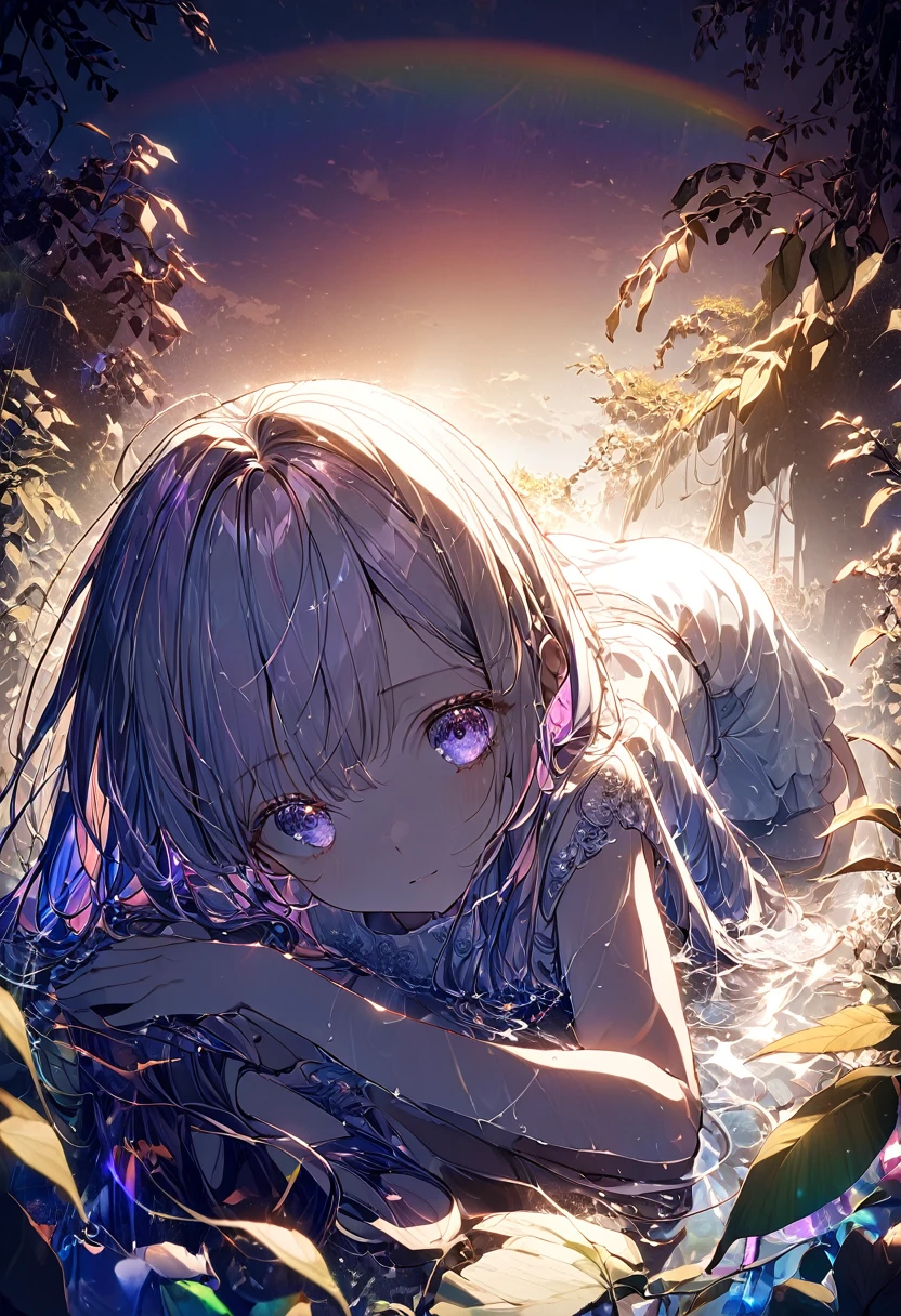 girl, The most beautiful woman in the world, Sit sideways, Gray Hair, Long sideburns, Gray Hair, blue eyes, (((Bare feet in water, She is wearing a thin white dress with a moving band., Touching the fairy))) , Deep in the magical forest of neon flowers and dancing fireflies, Colorful flowers and leaves, {Highly detailed 16K CG unit wallpaper}, Wide大な風景写真, (A bottom-up view focusing on characters and settings), (Wide々Clear visibility), (Low angle shot), (highlight: 1.2), (Low Light: 1.7), (Warm light source: 1.2), Intricate details, (Rainbow colors: 1.5), (The lighting is bright), (Atmospheric lighting)