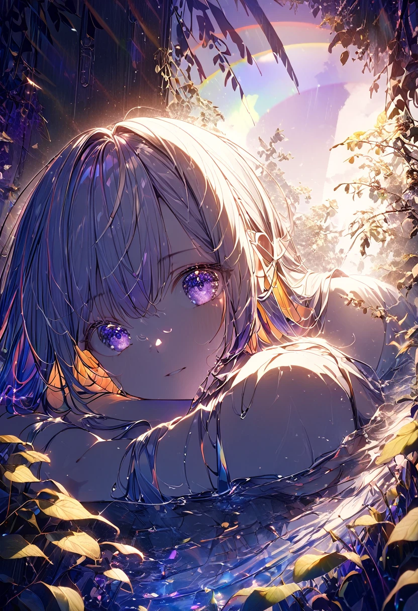 girl, The most beautiful woman in the world, Sit sideways, Gray Hair, Long sideburns, Gray Hair, blue eyes, (((Bare feet in water, She is wearing a thin white dress with a moving band., Touching the fairy))) , Deep in the magical forest of neon flowers and dancing fireflies, Colorful flowers and leaves, {Highly detailed 16K CG unit wallpaper}, Wide大な風景写真, (A bottom-up view focusing on characters and settings), (Wide々Clear visibility), (Low angle shot), (highlight: 1.2), (Low Light: 1.7), (Warm light source: 1.2), Intricate details, (Rainbow colors: 1.5), (The lighting is bright), (Atmospheric lighting)