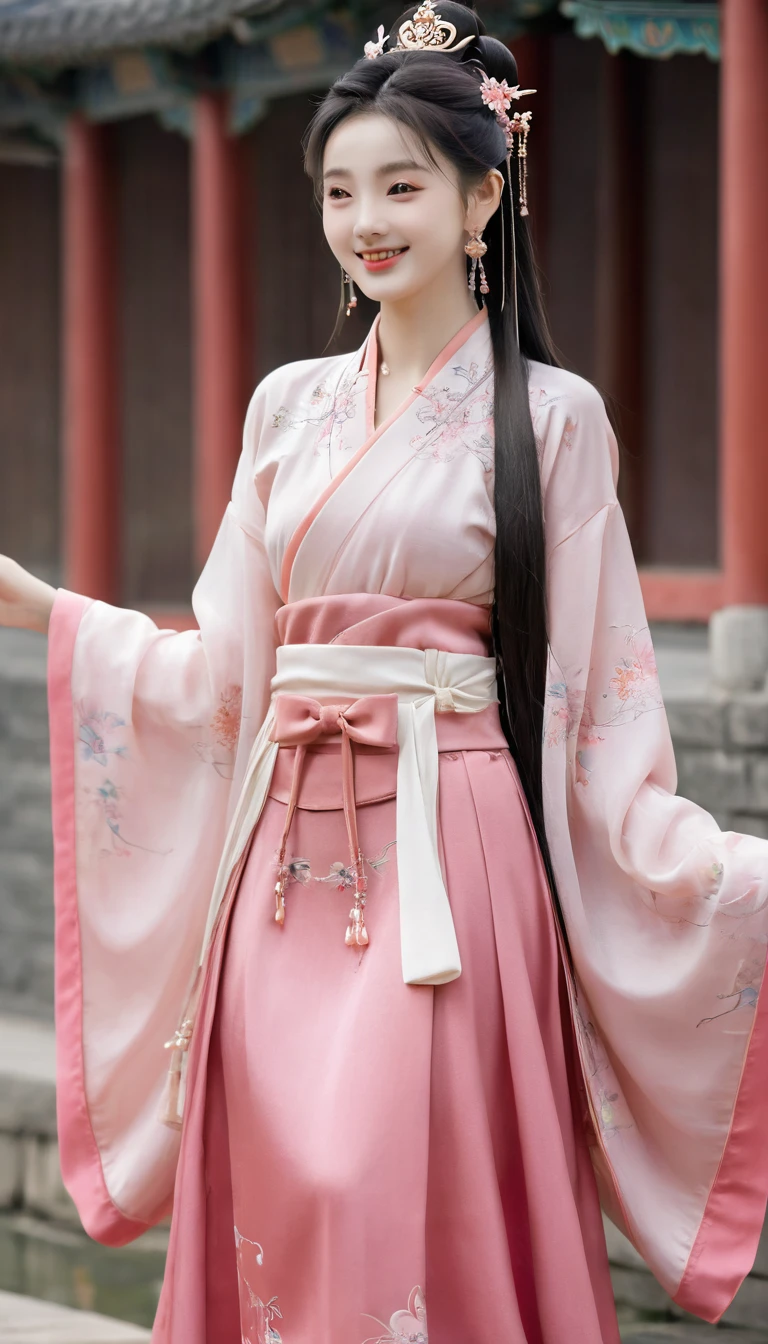 best quality, masterpiece, high resolution, 1 Girl, ancient Chinese pink skirt, Pretty Face, Chinese Clothing, There is no original picture of the bow, elegant, noble, crown, Thin legs, Fairy, Hair accessories, Solitary, Looking at the audience, Smile, Residence, Lips, skirt, Hair accessories, necklace, Jewelry, Long hair, earrings, architecture, east asian architecture