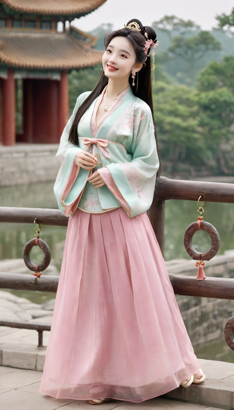 best quality, masterpiece, high resolution, 1 Girl, ancient Chinese pink skirt, Pretty Face, Chinese Clothing, There is no original picture of the bow, elegant, noble, crown, Thin legs, Fairy, Hair accessories, Solitary, Looking at the audience, Smile, Residence, Lips, skirt, Hair accessories, necklace, Jewelry, Long hair, earrings, architecture, east asian architecture