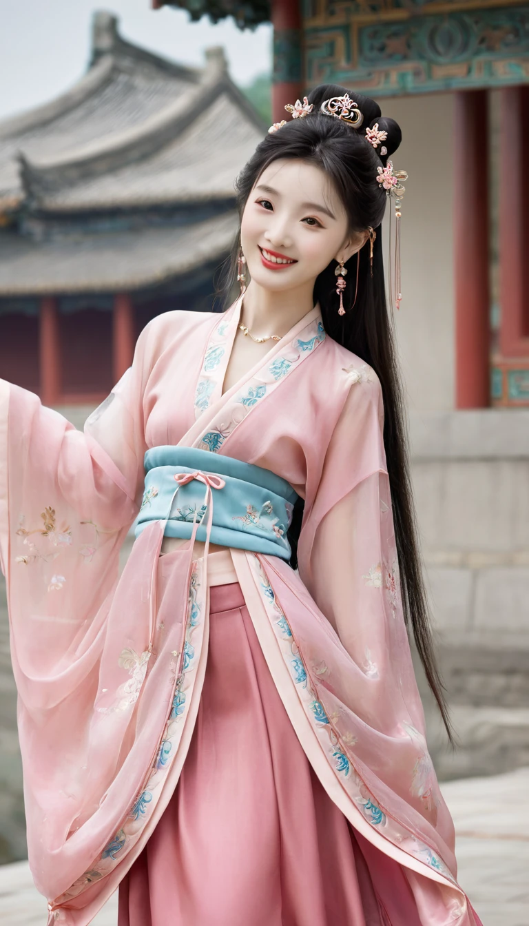 best quality, masterpiece, high resolution, 1 Girl, ancient Chinese pink skirt, Pretty Face, Chinese Clothing, There is no original picture of the bow, elegant, noble, crown, Thin legs, Fairy, Hair accessories, Solitary, Looking at the audience, Smile, Residence, Lips, skirt, Hair accessories, necklace, Jewelry, Long hair, earrings, architecture, east asian architecture