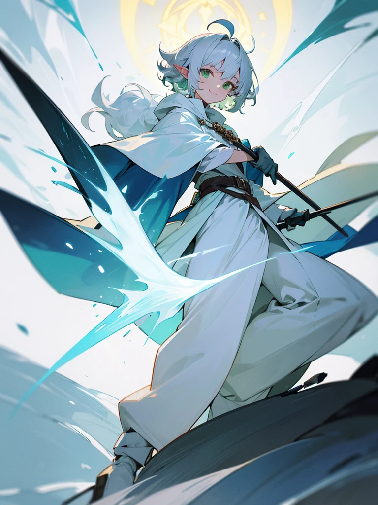 Elf, silver hair,short hair, medium cut, ahoge, curly hair,green eyes,slender, fair skin, cool Smile, robe, cloak, White gloves, long boots, pants, ice loads magic effect,