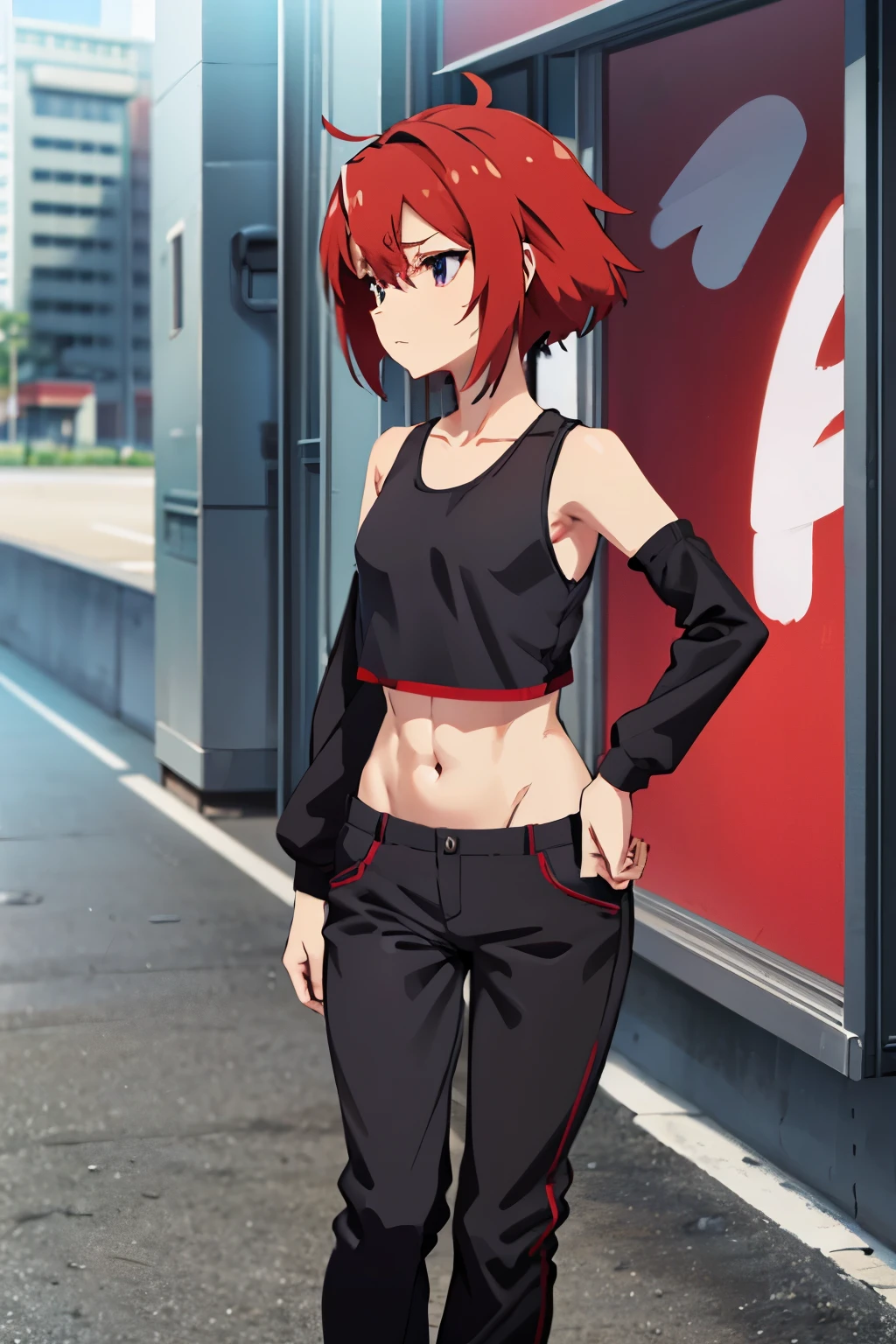 Anime Short red hair Boyish Small breasts Black tank top Navel-baring abs Girl Red long sleeves and pants
