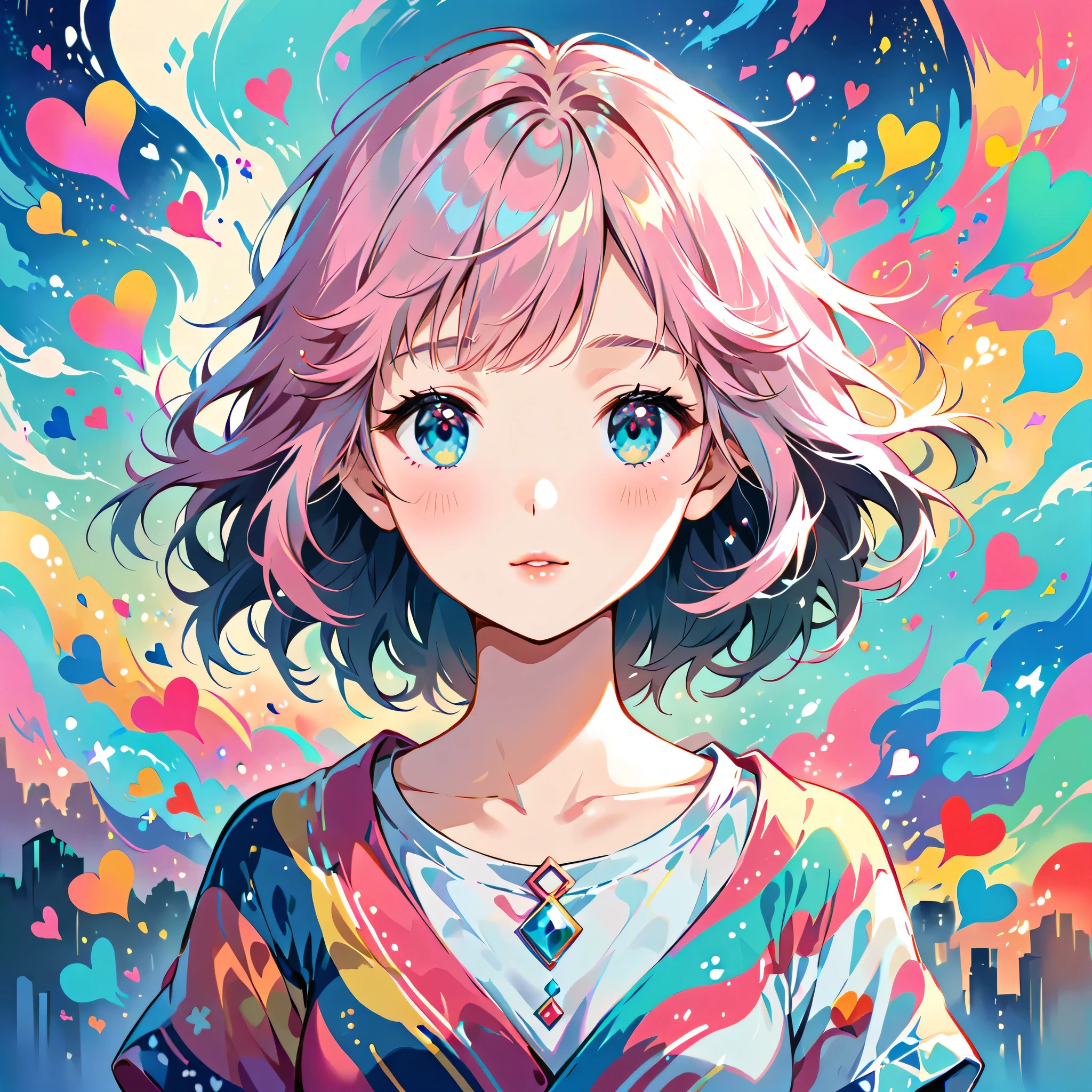 Makoto Shinkai Pink and White style, Simple Line Initialism，Abstract art，Urban Background, (((The most beautiful girl of all time))), Sweet face. Lips in love, colorful hearts, stylish design