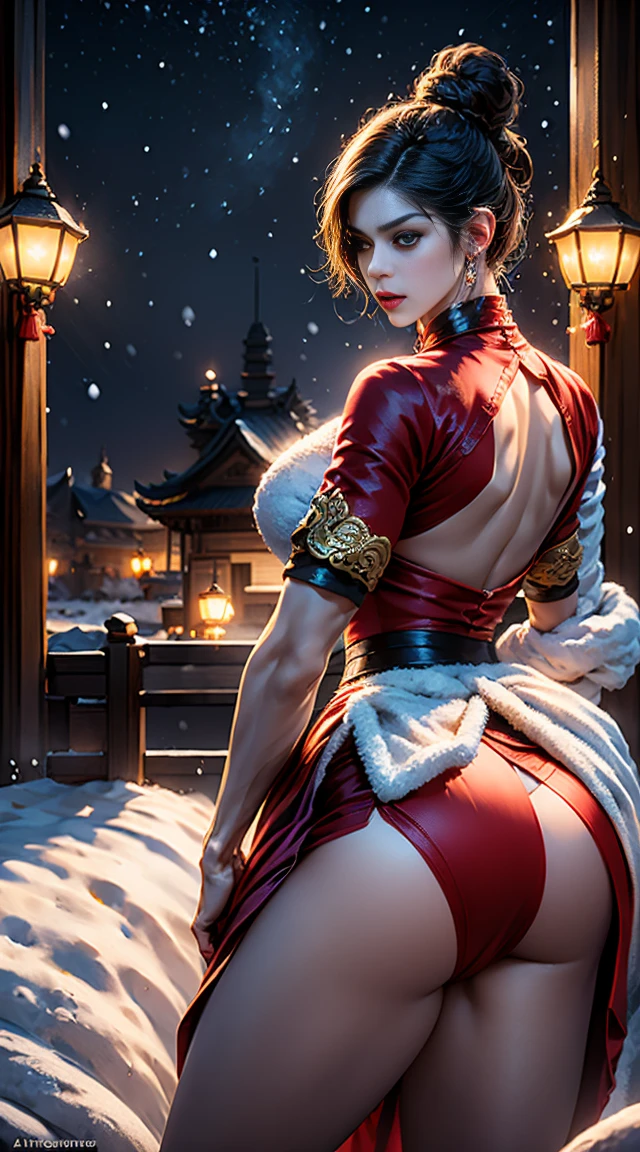 male, show off his butt the viewers, big butt, (Masterpiece), (absurderes), (The lens focuses on the thigh), Shiny skin, Boy, Solo, short dark hair, (Chinese belly pocket:1.27), look at the viewer, (Cover with snow,the night,Bright old temple:1.3), Cinematic lighting,(Ultra-realistic textile textures),,an award winning photograph, Extremely detailed, Amazing, hyper realistic lifelike texture ,unreal-engine ,ArtStation Cinestill 800 tungsten lamp trend, Ulzzang-6500, sexy dress