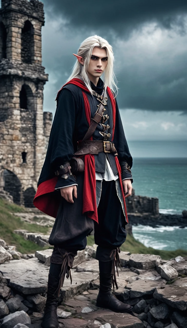young elf, elf guy, dressed as a medieval tramp, adventurer's equipment, dark colors of clothing, against the background of the ruins of a watchtower, long white shoulder-length hair, hairstyle curtains, red stern eyes, heavy look, Gloomy atmosphere of the picture, anime style, full-length , looks at the screen from under his brows, 18 years old, ruins of a tower against the backdrop of a rocky coast, storm in the background,