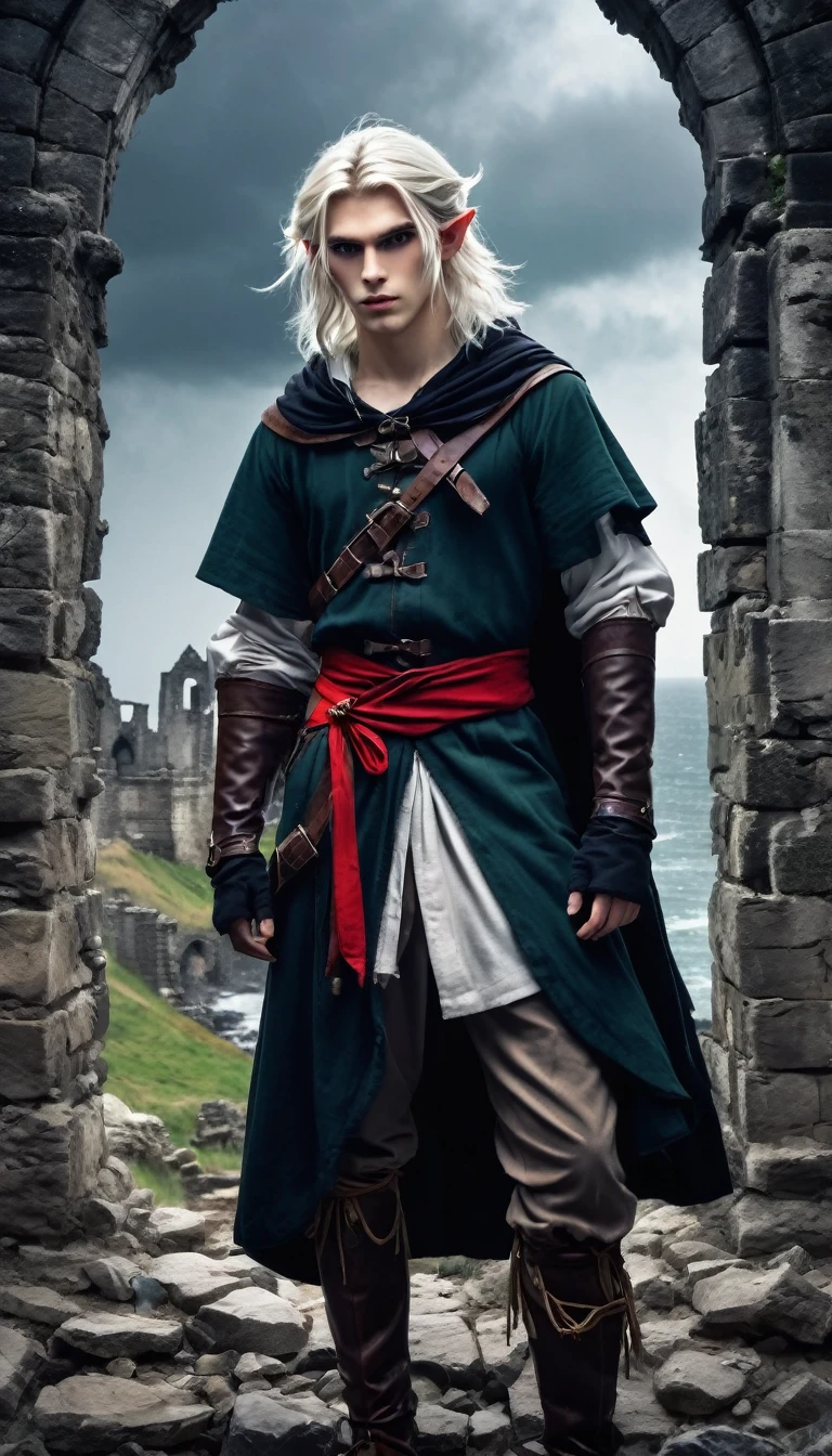 young elf, elf guy, dressed as a medieval tramp, adventurer's equipment, dark colors of clothing, against the background of the ruins of a watchtower, long white shoulder-length hair, hairstyle curtains, red stern eyes, heavy look, Gloomy atmosphere of the picture, anime style, full-length  , looks at the screen from under his brows, 18 years old, ruins of a tower against the backdrop of a rocky coast, storm in the background,