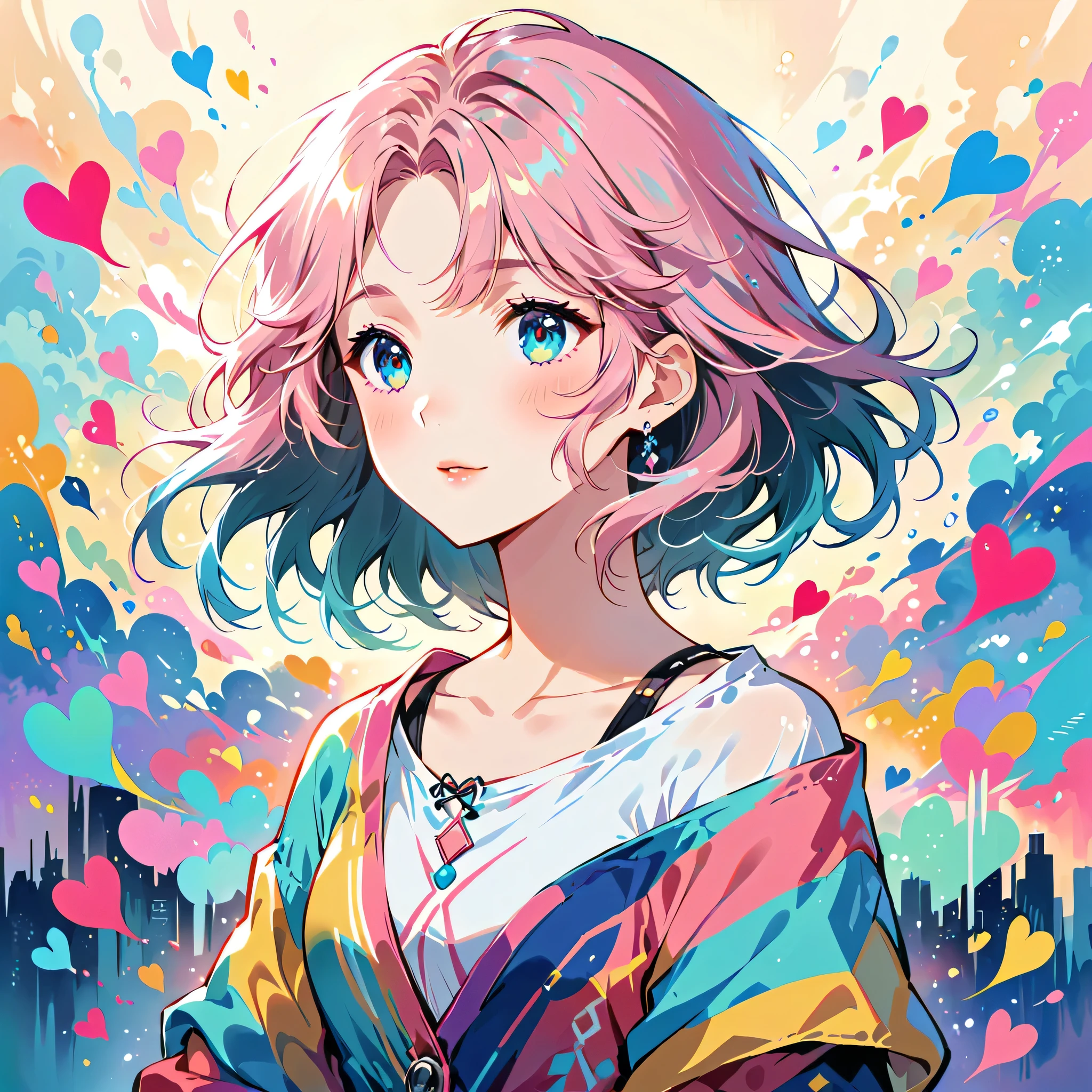 Makoto Shinkai Pink and White style, Simple Line Initialism，Abstract art，Urban Background, (((The most beautiful girl of all time))), Sweet face. Lips in love, colorful hearts, stylish design