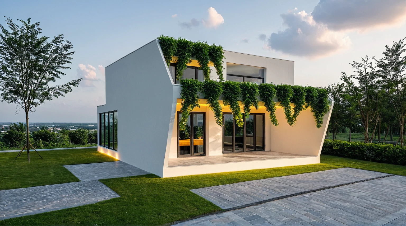 exterior, Masterpiece, high quality, best quality, authentic, super detail, outdoors, onestoreyvillaXL, aiaigroup, house style modern, white wall, glass window ,pavement, grass, trees, dusk sky, cloud, (daylight:1.1)