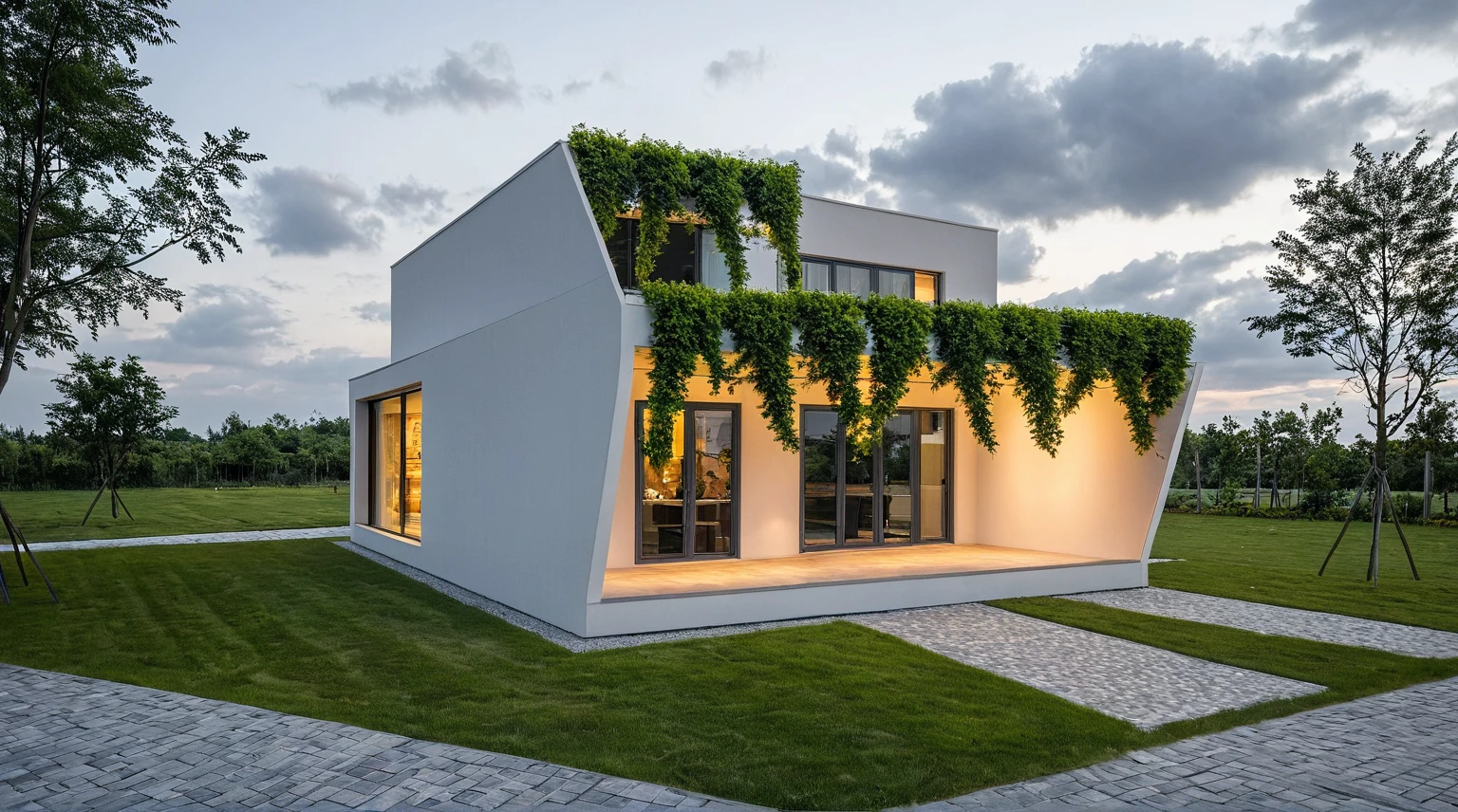 exterior, Masterpiece, high quality, best quality, authentic, super detail, outdoors, onestoreyvillaXL, aiaigroup, house style modern, white wall, glass window ,pavement, grass, trees, dusk sky, cloud, (daylight:1.1)